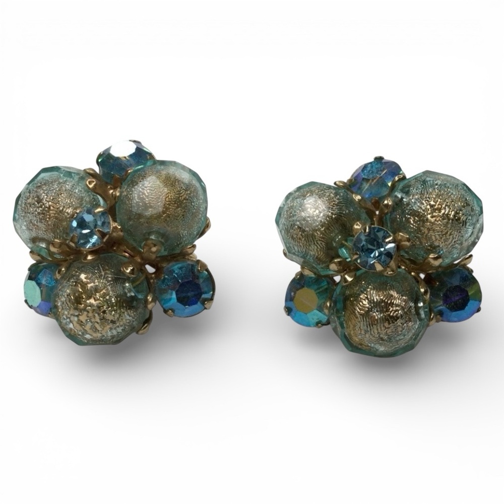Reserved -Vintage Signed VOGUE Cluster Earrings Gold Tone, Blue & AB Rhinestones - Picture 4 of 12